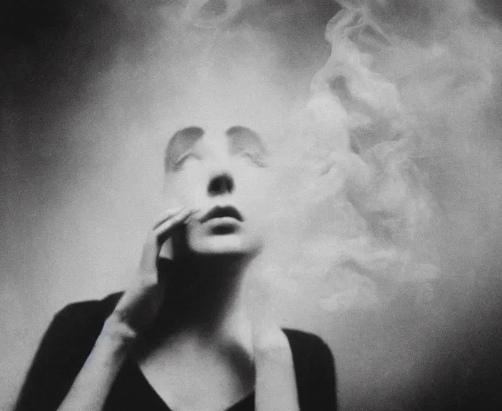 Image similar to mysterious scene of an enraged woman // detailed smoke, natural soft pale skin, innocence, sophisticated hands // noir, german expressionism, 20 century photography // old 35mm double-exposure photo, award-winning photography, grainy, cinematic, atmospheric, high contrasted // eerie, sophisticated and unsearchable masterpiece, deep shadows, balanced composition // depth of field, ambient occlusion, motion blur, HD, intricate details, sharp focus, natural textures, long exposure