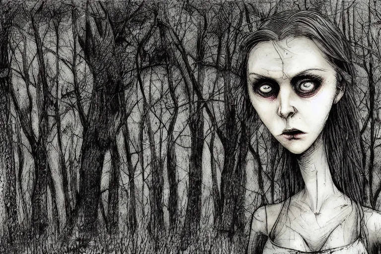 Image similar to mad girl wandering the woods artwork by ben templesmith