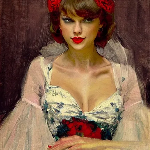 Image similar to Taylor Swift holding her chest, 1950s, modest, elegant clothing, tiara, mild impressionism, award winning, by Ilya Repin