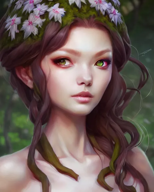 Image similar to character concept art of ssunbiki as a dryad | | foliage clothing, cute - fine - face, pretty face, realistic shaded perfect face, fine details by stanley artgerm lau, wlop, rossdraws, james jean, andrei riabovitchev, marc simonetti, and sakimichan, tranding on artstation