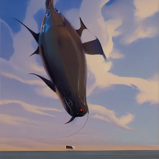 Image similar to Giant catfish fly through the air, as a tornado approaches, by Takashi Murakami, Edward Hopper, Bo Bartlett, and Cynthia Sheppard, Artstation