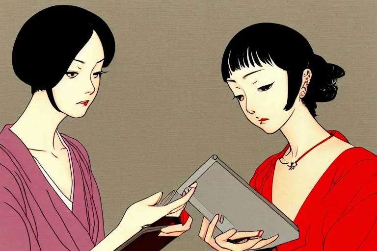 Image similar to portrait of two wise and very beautiful women discussing some texts appearing in a computer screen, art by satoshi kon, intricate, elegant, highly detailed, smooth, sharp focus, artstation