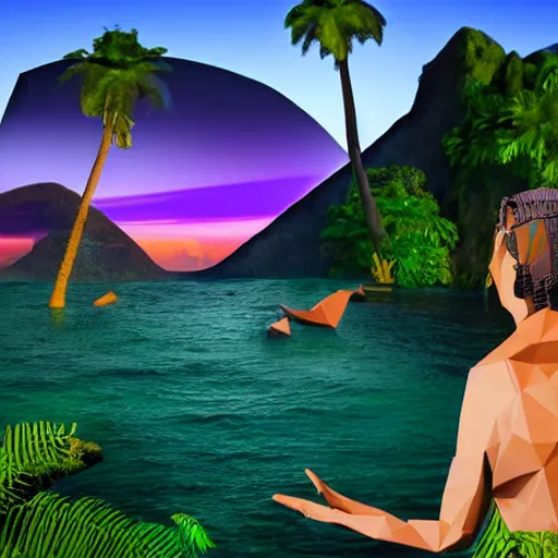 Prompt: a low-poly render of a big purple hand holding the orange setting sun on the ocean horizon. a green tinted transparent beckoning lady in front of a waterfall. a cream colored abandoned building featuring two statues and pitch black periphery. a prehistoric jungle scene with a mountain in the background.