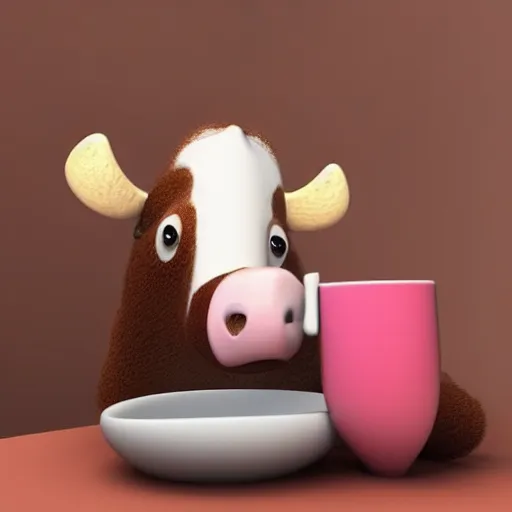 Prompt: cute cow drinking a cup of coffee, 3d render by Pixar