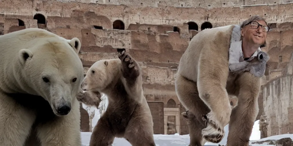 Image similar to Bill Gates is a face-uncovered gladiator and fights against a polar bear in the Colosseum. Film scene. Dramatic.