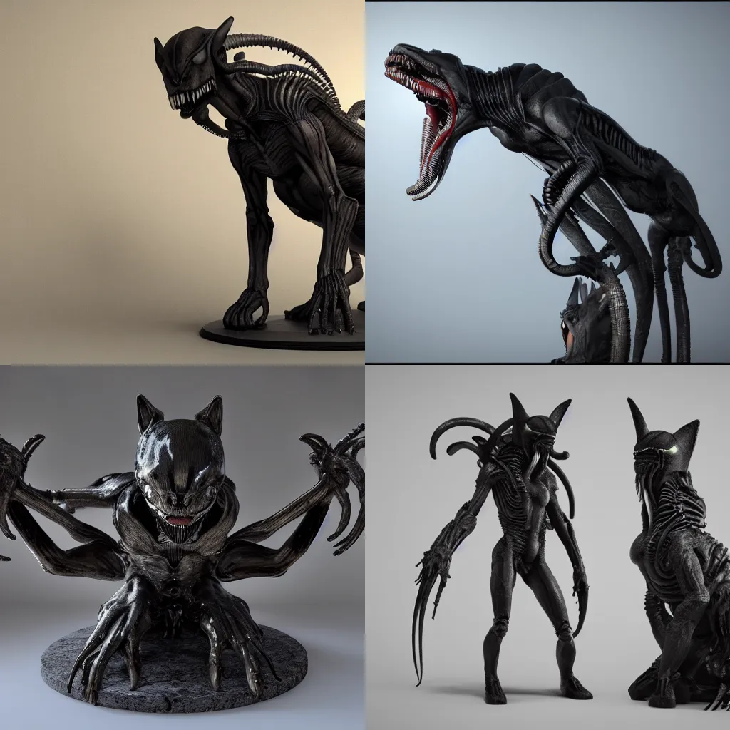 Prompt: centered photorealistic full xenomorph Cat statue inspired by Giger, octane render, unreal engine 4k, volumetric light, fog, detailed