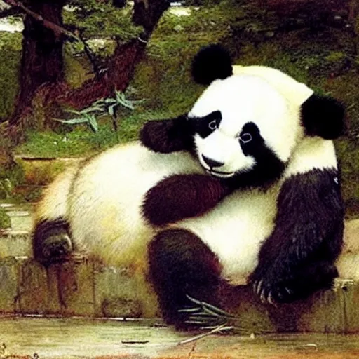 Image similar to a panda dancing by john william waterhouse