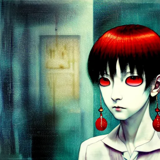 Image similar to yoshitaka amano blurred and dreamy realistic three quarter angle horror portrait of a sinister young woman with short hair, big earrings and red eyes wearing office suit with tie, junji ito abstract patterns in the background, satoshi kon anime, noisy film grain effect, highly detailed, renaissance oil painting, weird portrait angle, blurred lost edges