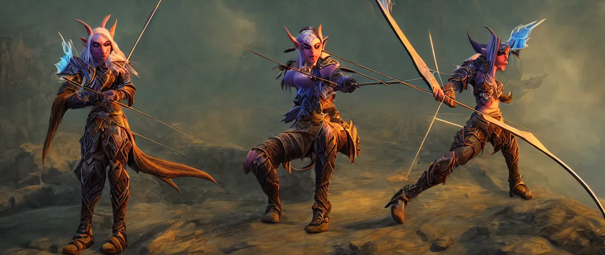 Prompt: a night elf hunter casting arrows with sitting ravager pet dramatic lighting cinematic establishing shot extremely high detail foto realistic cinematic lighting post processed