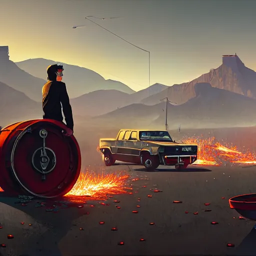 Image similar to huge black pack of c 4 - explosives on a red rusty oil - drum in gta v, stephen bliss, unreal engine, fantasy art by greg rutkowski, loish, rhads, ferdinand knab, makoto shinkai and lois van baarle, ilya kuvshinov, rossdraws, tom bagshaw, global illumination, detailed and intricate environment