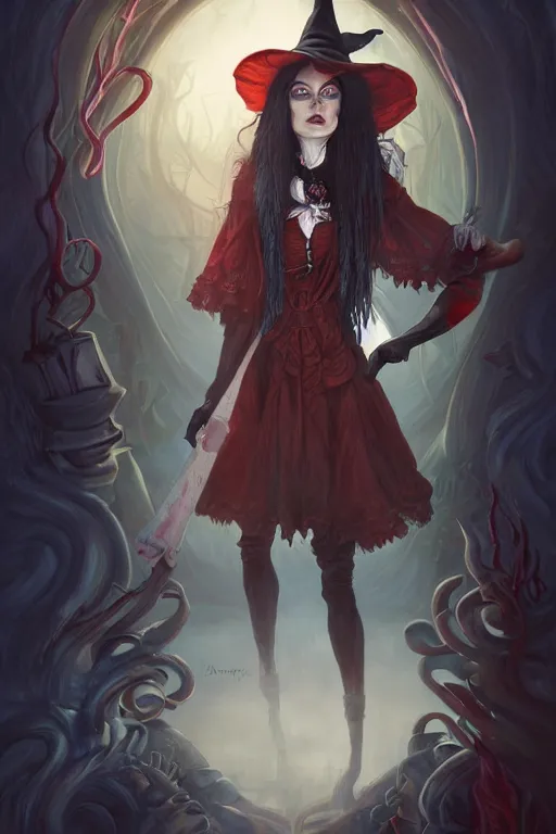 Image similar to portrait of a witch, american mcgee's alice, sharp focus, artstation, trending, by julie dillon, luis melo, tyler miles lockett, lei jin, hong lei, ken wong, adam narozanski, joy ang