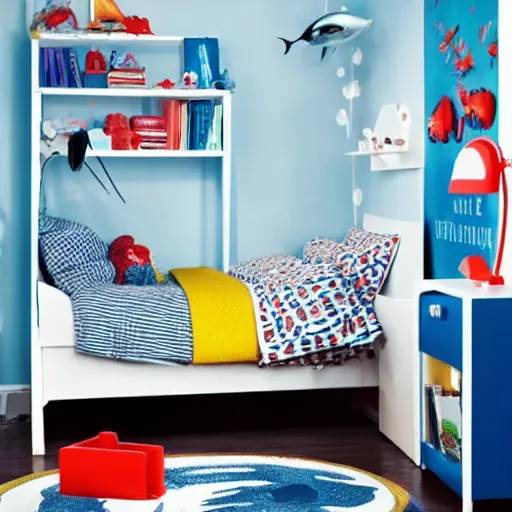 Image similar to An IKEA catalogue photo of a childrens bedroom , underwater with a vampire squid
