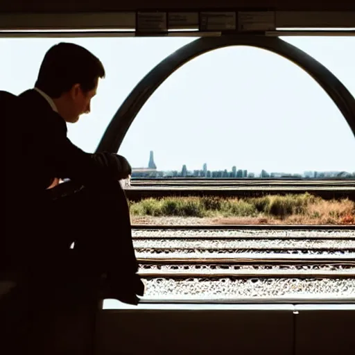 Image similar to a man in a suit waiting at a train station with a view of outer space on the other side, award-winning photograph