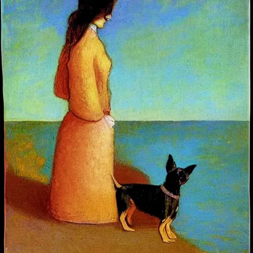 Image similar to a woman and her black and brown chihuahua by the sea by odilon redon