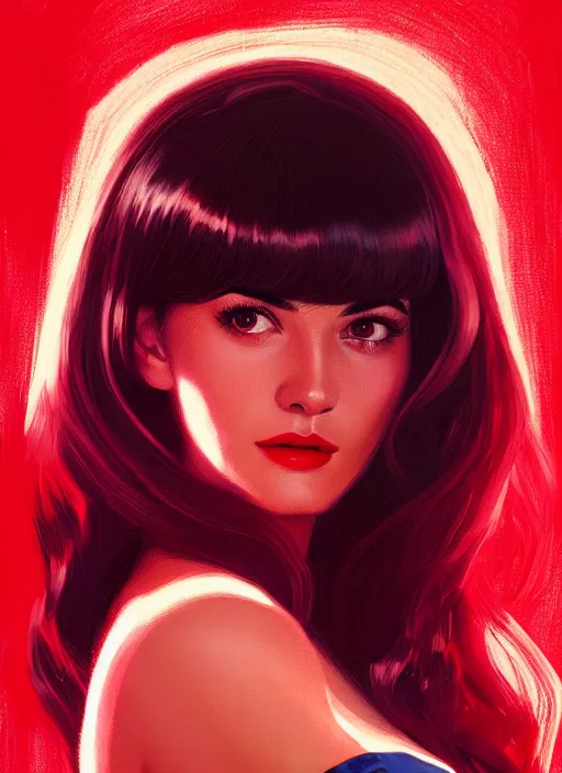 Image similar to portrait of veronica lodge with bangs, 1 9 6 0 s, long hair, red clothes, bangs, intricate, elegant, glowing lights, highly detailed, digital painting, artstation, concept art, smooth, sharp focus, illustration, art by wlop, mars ravelo and greg rutkowski