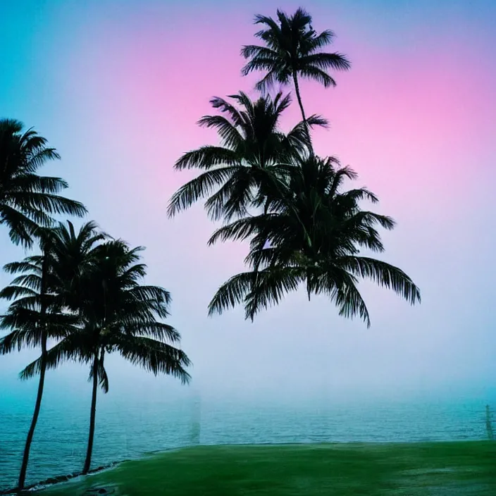 Prompt: palm trees on the beach, poster, fog, pink-blue-green light, landscaping, natural, outdoor spaces,