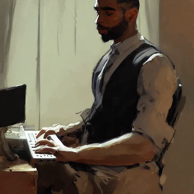 Image similar to a lightskinned black man with short hair, shaved beard, using a macbook, portrait, elegant, intricate, digital painting, artstation, concept art, smooth, sharp focus, illustration, art by konstantin korovin and daniel f. gerhartz and john howe