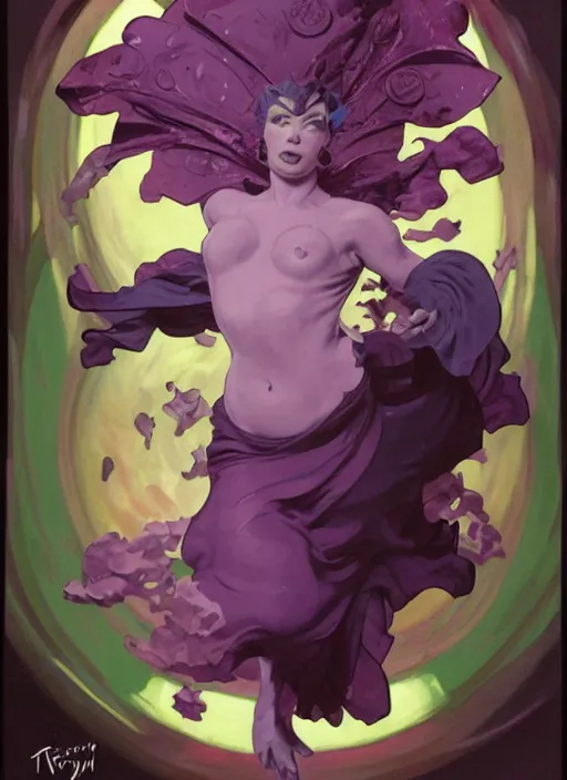 Prompt: madam mim, ugly! purple smoke aura in motion, floating pieces, painted art by tsuyoshi nagano, greg rutkowski, artgerm, alphonse mucha, spike painting