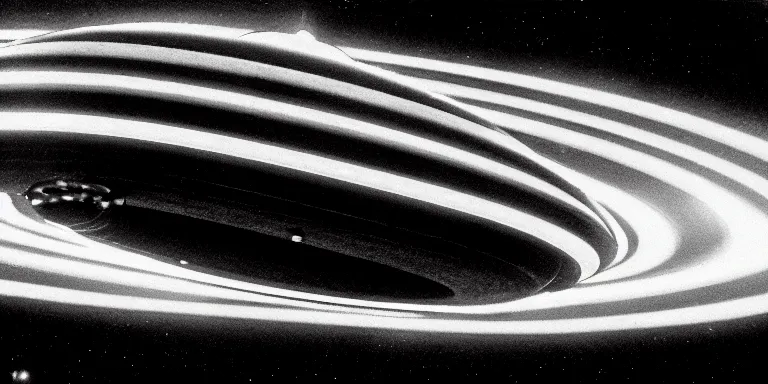 Prompt: photorealistic long shot black and white twilight zone style cinematography of a douglas trumbull designed spaceship in a twilight zone episode that takes place in in outter space, shot on film by the shining cinematographer john alcott on a cooke panchro 1 0 0 mm lens in space