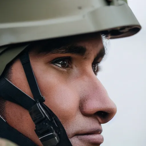 Prompt: Closeup of Fox dressed in a modern American soldier uniform with a helmet, 85mm f/1.4