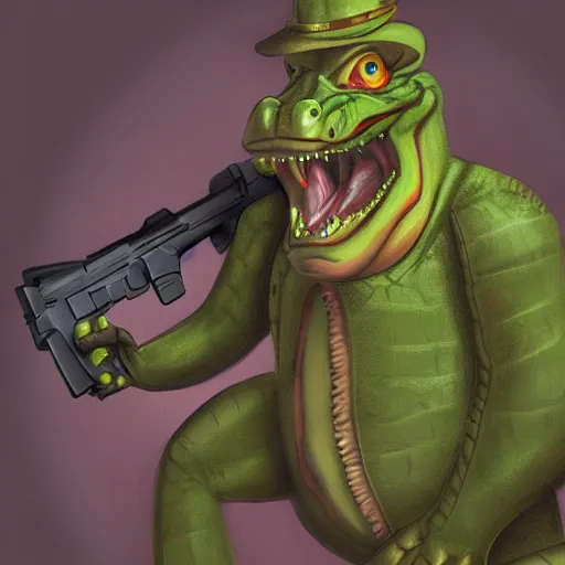 Image similar to concept art, crocodile holding guns, character, 4k, prideful stance, portrait