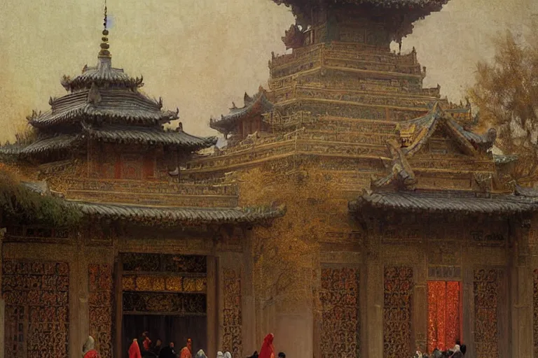 Prompt: mausoleum, buddhism, tang dynasty, painting by gaston bussiere, greg rutkowski