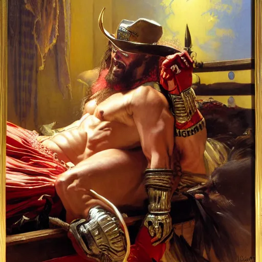 Image similar to macho man randy savage ring gear is in his bed, nervous and terrified, because miss elizaneth from hell is attacking him. highly detailed painting by gaston bussiere, j. c. leyendecker, greg rutkowski, craig mullins 8 k