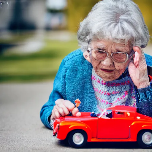 Prompt: elderly woman as a toy car, canon eos r 3, f / 1. 4, iso 2 0 0, 1 / 1 6 0 s, 8 k, raw, unedited, symmetrical balance, wide angle