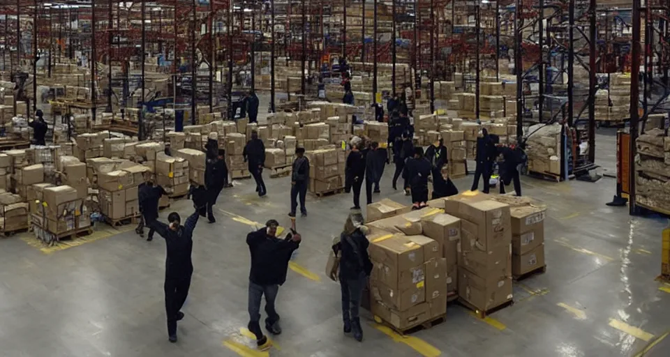 Image similar to film still of a heist movie about liberating Amazon warehouse workers