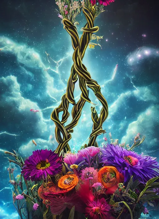 Image similar to An epic fantastic realism comic book style painting of the most beautiful entwined flowers launched across the dark galactic night sky, nebulous bouquets, fisheye lens, unreal 5, DAZ, hyperrealistic, octane render, dynamic lighting