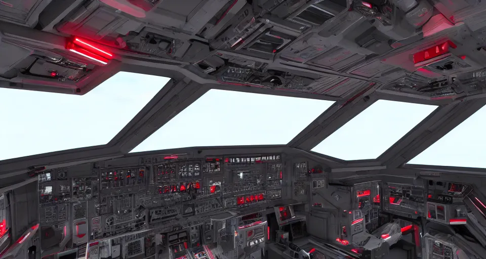 Prompt: sci - fi cockpit view from inside a spaceship, white with red and black accents, hard surface 3 d, clean edges, star citizen, 8 k, octane render