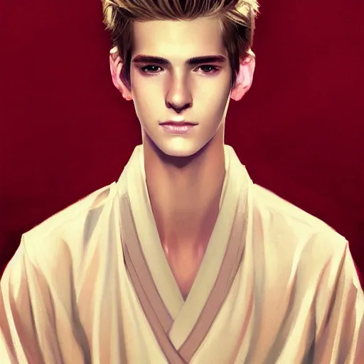 Prompt: colorful Captivating teenage boy with brown blond very short quiff hair and facial structure like andrew garfield, brown eyes with red eye markers, slim body, wearing a detailed Japanese kimono with golden details, atmospheric lighting, painted, intricate, 4k, highly detailed by Charlie Bowater