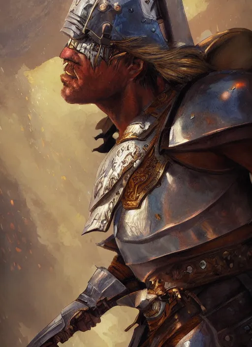 Prompt: highly detailed painting of a paladin warrior by jon foster, high fantasy, trending on artstation