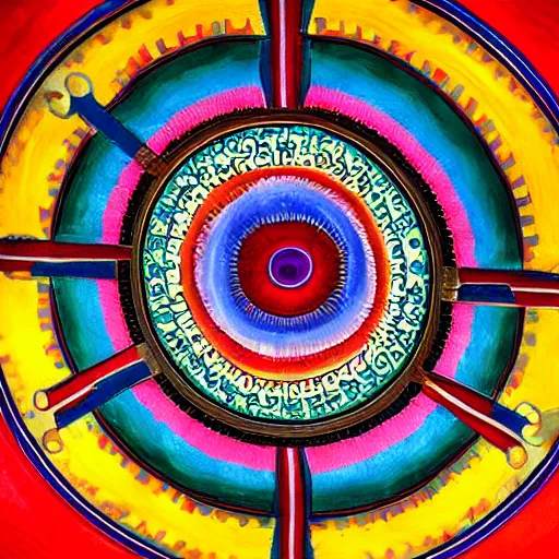 Prompt: A beautiful kinetic sculpture a large eye that is looking directly at the viewer. The eye is composed of a myriad of colors and patterns, and it is surrounded by smaller eyes. The smaller eyes appear to be in a state of hypnosis, and they are looking in different directions. mexican muralism, blood orange by Diego Velázquez somber, daring