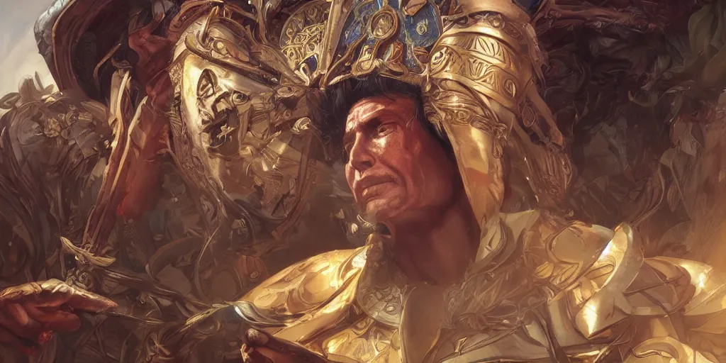 Prompt: male inca emperor, deep focus, intricate, elegant, highly detailed, photorealistic rendering, sharp focus, illustration, hearthstone, art by artgerm and greg rutkowski and alphonse mucha