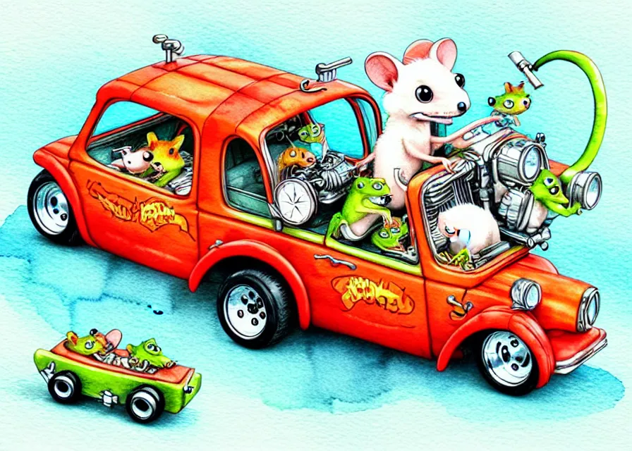 Image similar to cute and funny, quoll riding in a tiny hot rod with oversized engine, ratfink style by ed roth, centered award winning watercolor pen illustration, isometric illustration by chihiro iwasaki, edited by range murata, tiny details by artgerm and watercolor girl, symmetrically isometrically centered