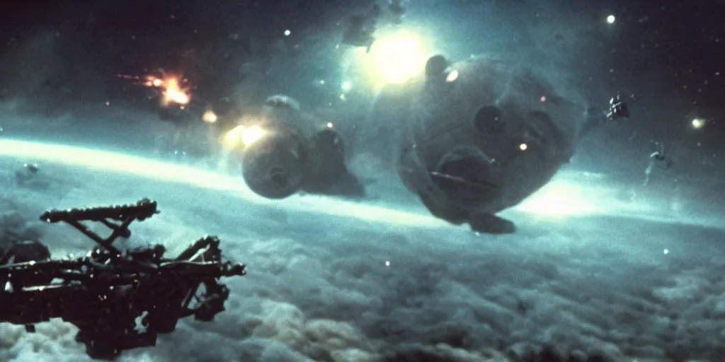 Image similar to a still from a film of a live action sci-fi battle taking place over a giant space structure far in the distance, 35mm, directed by Steven Spielberg, miniatures, ILM, very cohesive