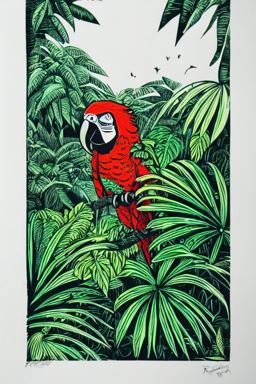 Image similar to a beautiful linocut of a lush jungle with a macaw parrot, 8 k, frostbite 3 engine, cryengine, dof, trending on artstation, digital art, crepuscular ray, art by roy l davies and tugboat printshop