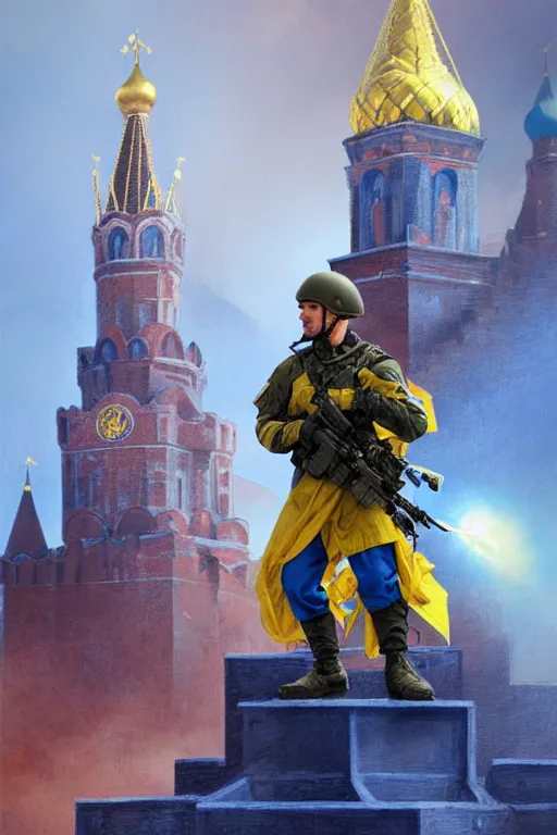 Image similar to special forces soldier installin ukrainian blue and yellow flag on red square kremlin, masculine figure, d & d, fantasy, bright atmosphere, volumetric lights, intricate, elegant, extremely detailed, digital painting, artstation, concept art, matte, smooth, sharp focus, hyper realistic, illustration, art by artgerm and greg rutkowski and alphonse mucha