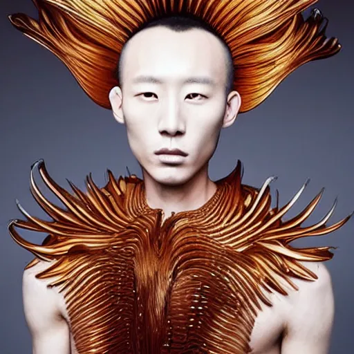 Prompt: a beautiful young korean male alien wearing iris van herpen couture, his hair moves with the wind, photographed by erwin olaf