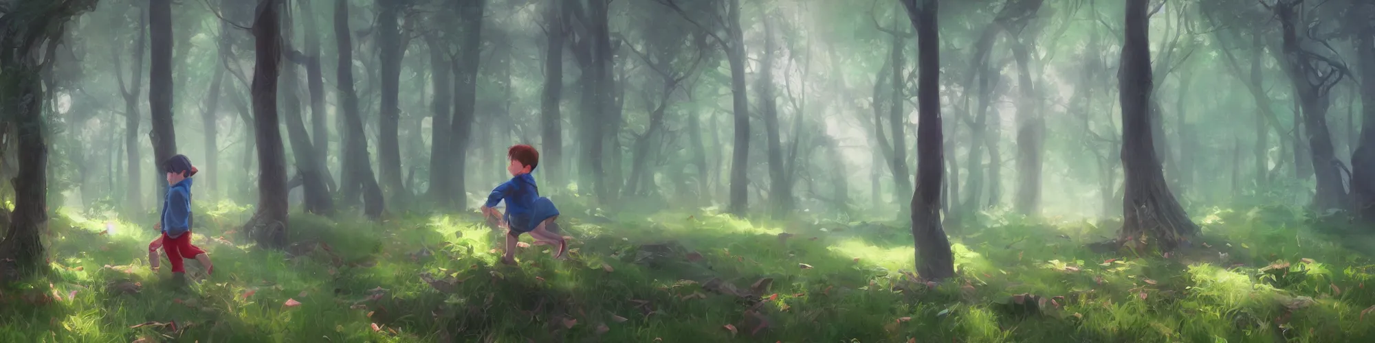 Image similar to a little boy lost in the magic woods, in the style of yanjun cheng, in the style of james gurney, 4 k, iridescent, wide angle, cinematic, atmospheric, anamorphic, film stock, unreal engine