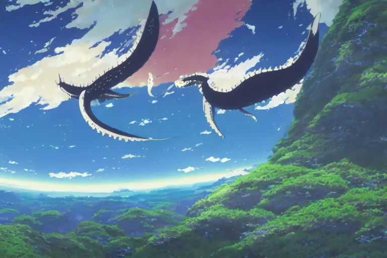 Image similar to painting of a dreamscape, a flying leviathan in the foreground, exterior wide shot, otherworldly and ethereal by kazuo oga in the anime film by studio ghibli, screenshot from the anime film by makoto shinkai