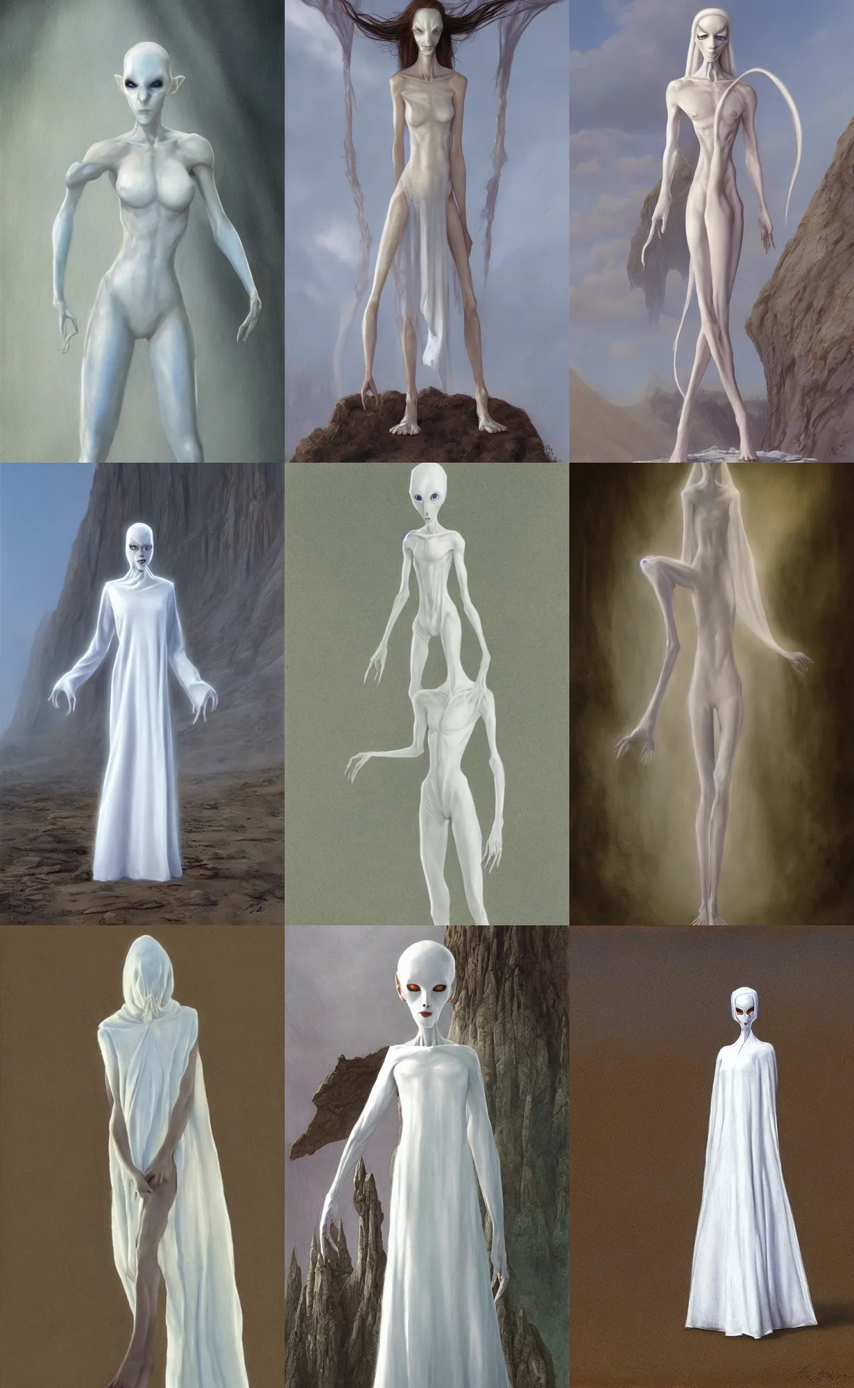 Prompt: pale alien girl slender athletic wearing white cloth, john howe