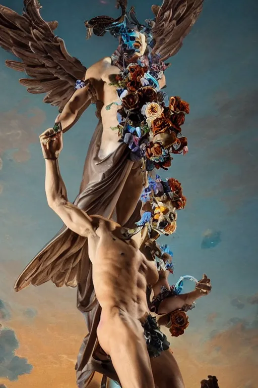 Image similar to a young handsome Spanish prince in a full-body bronze cyberpunk style statue of Icarus with glowing blue eyes, crown of peach roses, flowing teal-colored silk, fabric, flowers. baroque elements, human skull. full-length view. baroque element. intricate artwork by caravaggio. many many birds birds on background. Trending on artstation, octane render, cinematic lighting from the right, hyper realism, octane render, 8k, depth of field, 3D