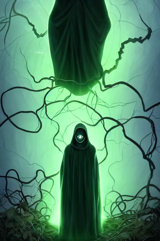 Prompt: A full body portrait of a ghost like character with no face, glowing eyes and a very long hooded dark green cloak made of leaves and vines art by Shaddy Safadi and Jason Chan, ominous, cosmic horror, trending on artstation, Ultra detailed, hyper realistic 4k