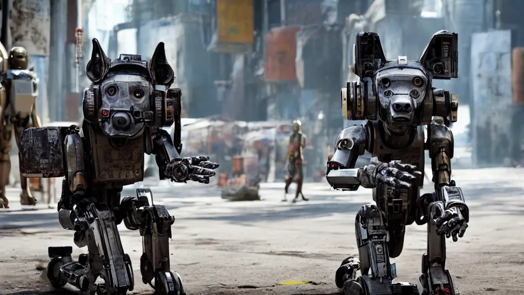 Prompt: film still from the movie chappie of the robot chappie furry anthro anthropomorphic stylized wolf dog canine ears head android service droid robot machine fursona