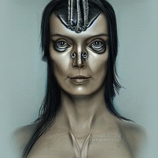 Image similar to portrait of a beautiful woman in the style of H.R. Giger