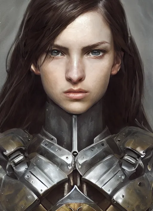 Image similar to a professional photographic portrait of a beautiful young girl, clothed in battle armor, exposed waist, olive skin, long dark hair, beautiful bone structure, symmetrical facial features, intricate, elegant, digital painting, concept art, smooth, sharp focus, illustration, beautifully framed, from Metal Gear, by Ruan Jia and Mandy Jurgens and Artgerm and William-Adolphe Bouguerea