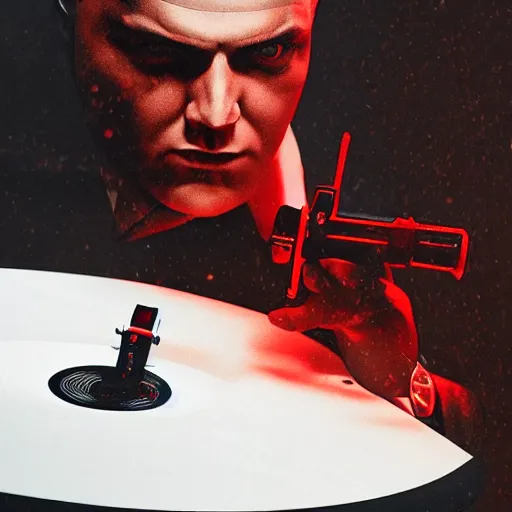 Image similar to a portrait of agent 4 7 placing a record in a record player, black background, red rim light, highly detailed, smooth, sharp focus, art by maciej kuciara