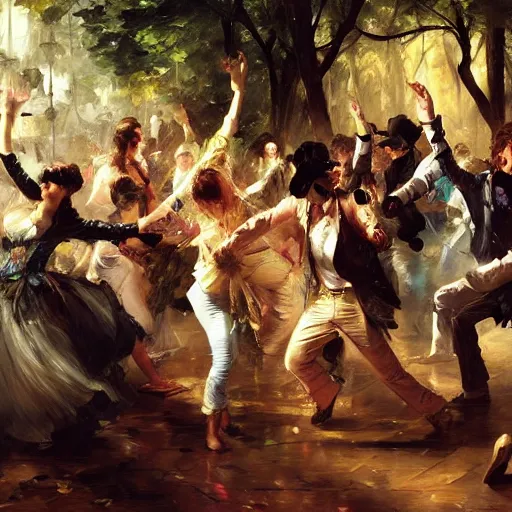 Prompt: rave dance party by andreas achenbach, yoshitaka amano, arthur adams, charlie bowater, leonid afremov, chiho ashima, karol bak, david bates, tom chambers